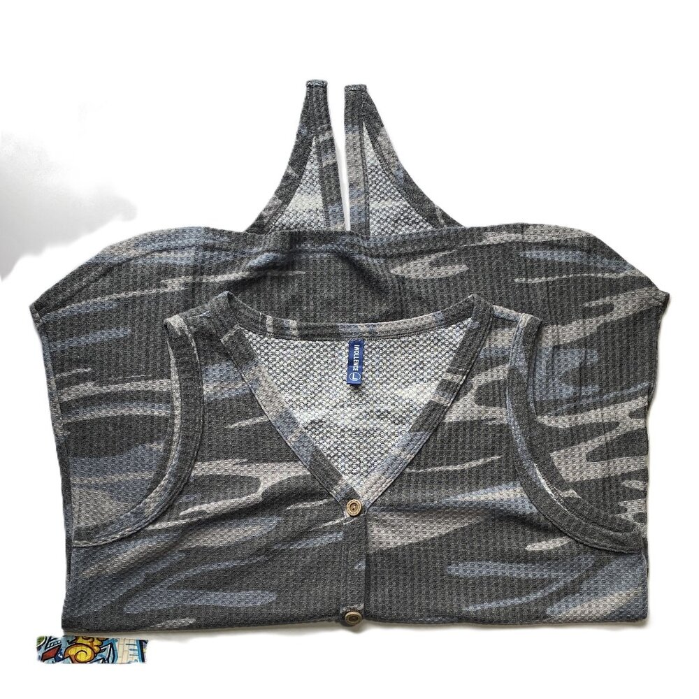 Iwollence Women's L Sleeveless Waffle Knit Tunic Grey/Blue Camo V-Neck Button Do